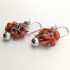 Vintage Sterling Silver Red Orange Coral Flower Hook Dangle Earrings 8.9g #97