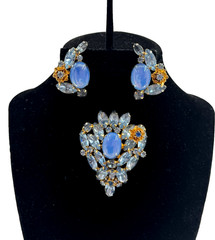 EXTRAORDINARY JULIANA VNT SET EARRINGS BROOCH FAB BLUE CABOCHON CRYSTALS FLOWERS