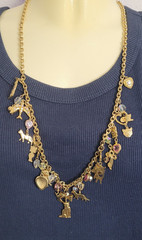 Vintage Kirks Folly Cat Charm Dangle Necklace Birds Crystals Bows Cats Heart 26″