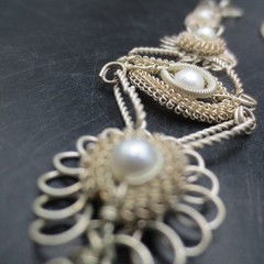 Vtg Wire Filigree Necklace 17” & Bracelet 7” Earrings Faux Pearls Set Boho 1980s