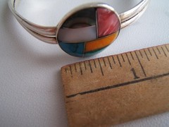 VINTAGE SILVER CUFF BRACELET W/ VARIOUS COLORS OF MOTHER OF PEARL MOP