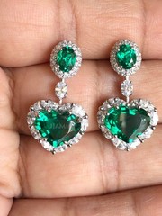 Heart Oval Simulated Emerald Simulated Diamond Halo Dangle Earrings 925 Silver