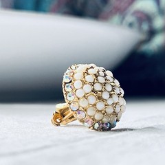 Vintage Milk Glass & Rhinestone Gold Tone Mushroom Brooch