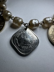 Vintage Handmade 7″ Coin Bracelet w/ 7 Coins Africa India 1947-1957 Faux Pearls