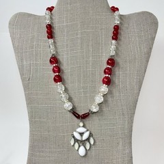 Handmade Red & Clear Crackle Glass Bead Necklace Acrylic Pendant Magnetic Clasp