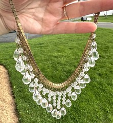 VTG Early Miriam Haskell Faceted Crystal Drop Bib Necklace Hexagon Brass Link