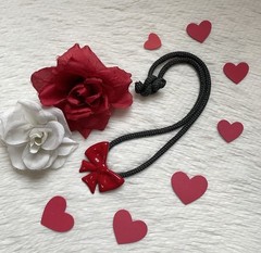 Vintage flying colors signed ceramic red bow Black Cord necklace