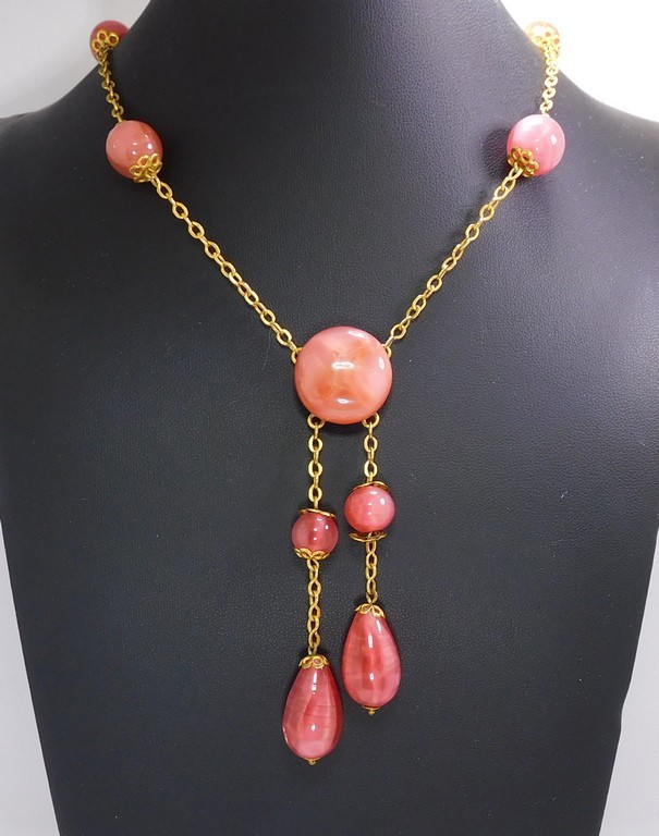 Vintage Pink Art Glass Bead & Dangles Lingerie Necklace ~ 16″