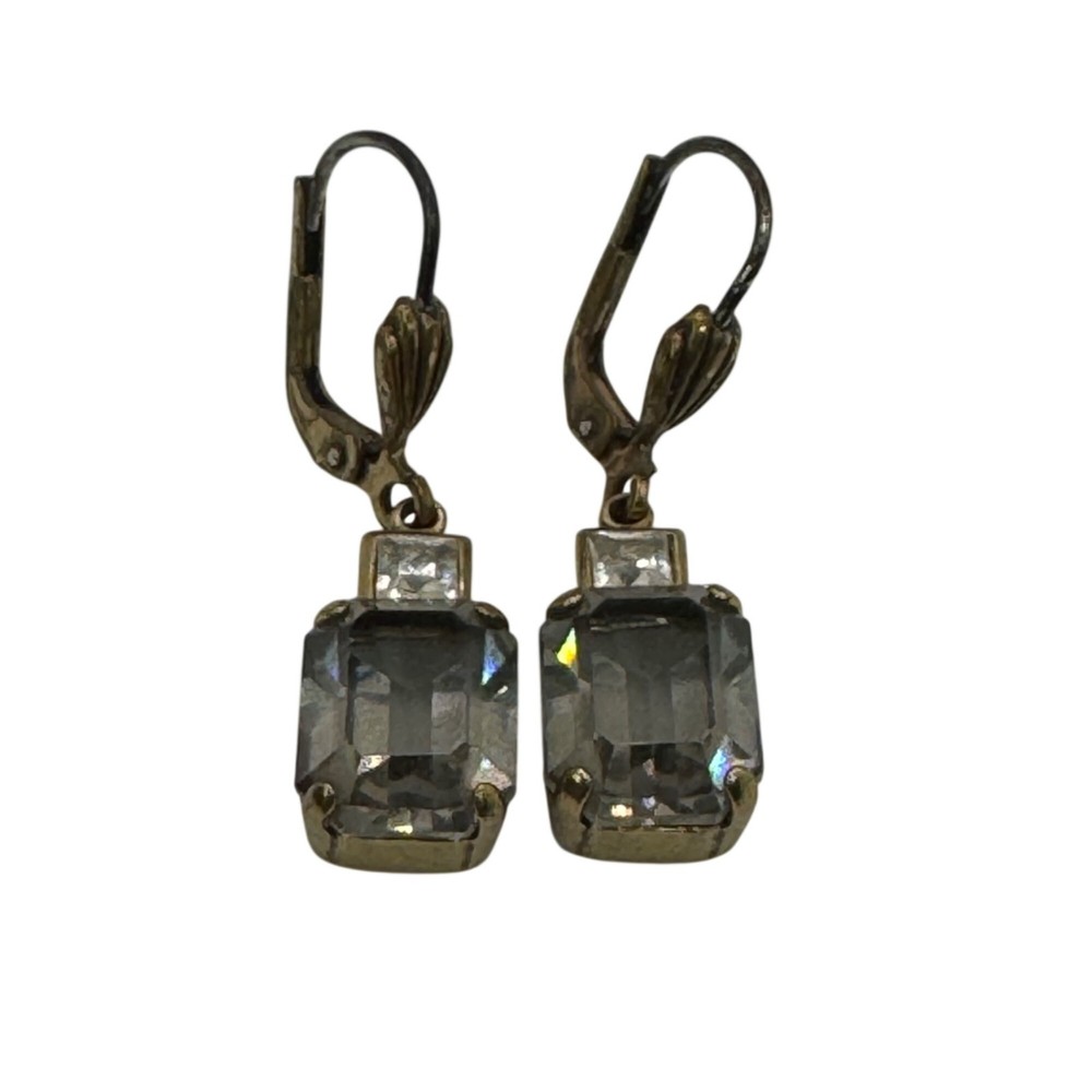 Vintage “Black Diamond” Gold Tone Leverback Drop Earrings Emerald Cut Estate