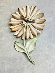 Vintage 60s Brooch Enameled Daisy Flower Cream Burnt Orange 4.25”