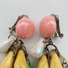 Vintage Earrings Chandelier Dangle Drop Iridescent Beads Clip On Pastels Pink