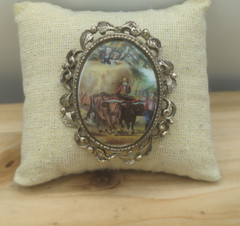 Vintage Farming Scene Cattle Oval Picture Brooch Pin Pendant