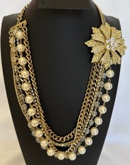 Faux Pearl Rhinestone Flower Multi Strand Gold Tone Necklace Costume Statement