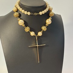 Pearl Necklace Vintage 90s Madonna Gold Tone Cross Crucifix Maximalist