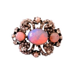 Vintage Gold Tone Filigree Fire Opal Cluster Brooch Pin Pearls