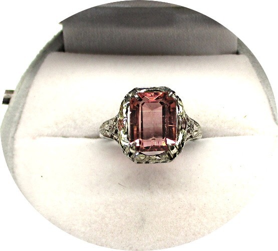 Gorgeous Rosy-Pink TOURMALINE Ring – Art Deco Filigree – 14k Solid White Gold