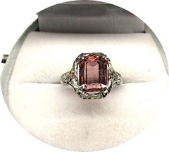 Gorgeous Rosy-Pink TOURMALINE Ring – Art Deco Filigree – 14k Solid White Gold