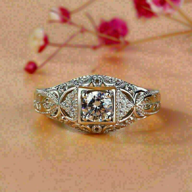 Vintage Art Deco Lab-Created Diamond Estate Filigree Milgrain 925 Silver Ring