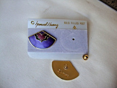 VINTAGE SAMUEL HUANG CLOISONNE RETRO ABSTRACT FAN RED BLACK & PURPLE EARRINGS