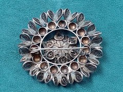 Antique Mexico Silver Ornate Filigree Flower Theme Round Pin: 2.25″ in Diameter