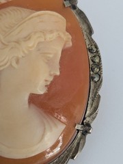 Antique Shell Cameo Brooch Pendant 800 Silver Hand Carved Classical Lady
