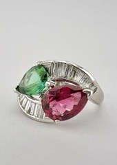 Antique Platinum Hot Pink & Green Tourmaline & Baguette Diamond Moi et Toi Ring
