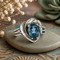 Vintage EL 925 Sterling Silver Blue Topaz Ring Size 9.5 Artisan Statement Ring