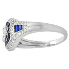 Art Deco Style Lab Created Diamond & Sapphire Anniversary 14k White Gold FN Ring
