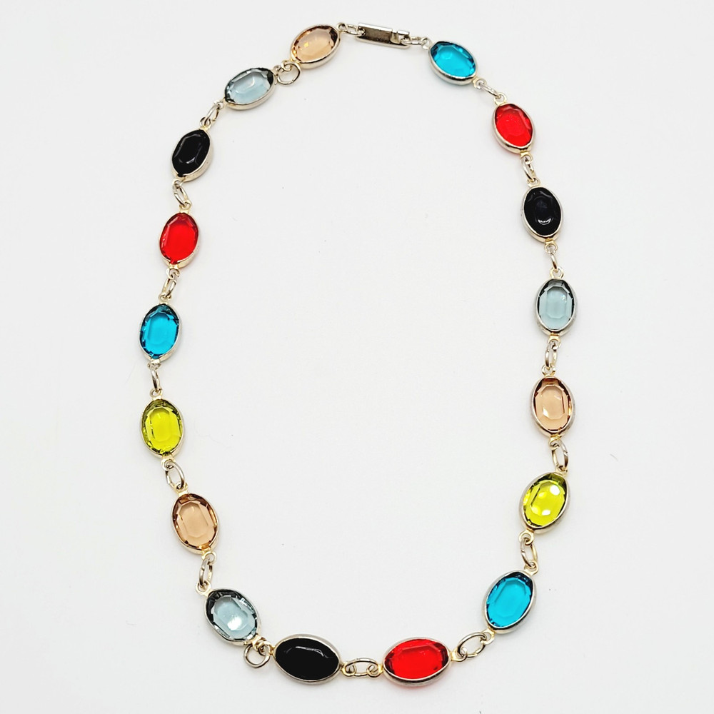 Choker Multicolor Crystal Station Gold Tone Patented Side Clasp Necklace 14.5 In