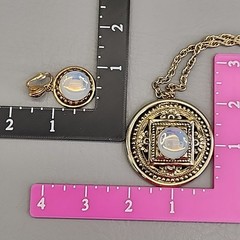 Vintage Opalite Necklace Clip Earrings Set Round Glass Gold Tone Pendant 24″