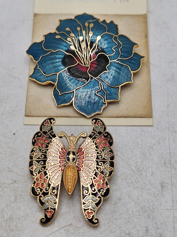 Vintage Cloisonne Brooch Lot Of 2, 1 Flower, 1 Butterfly. Unmarked
