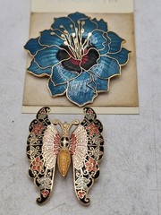 Vintage Cloisonne Brooch Lot Of 2, 1 Flower, 1 Butterfly. Unmarked