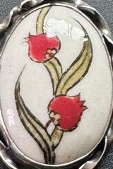 Vintage 925 Sterling Silver Hand Painted Porcelain Floral Pendant 14.84g Oval