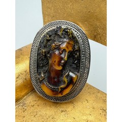 Antique Sterling Silver Cameo Brooch High Relief Amber Toned Lady Portrait #1193