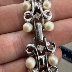 Vintage Rhinestone Bracelet Silver Tone Faux Pearl READ 7”