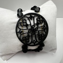 Vintage 80s Black Tone Bicone Beads Stretch Cuff Bracelet Women’s Jewelry