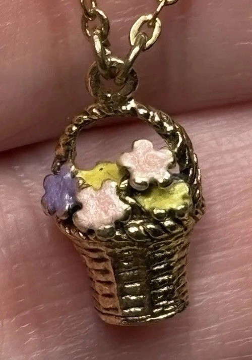 1928 Brand Enamel Necklace Dainty Flower Basket Gold Tone Chain Barrel Clasp
