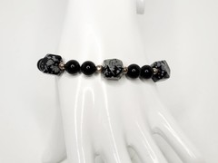 Vintage Black and Snowflake Round & Hexagonal Barrel Obsidian Bead Bracelet