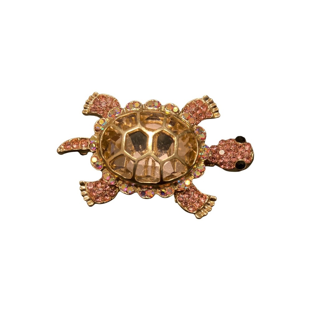 Vintage Gold Tone Crystal Rhinestone Brown Enamel Sea Turtle Tortoise Pin Brooch