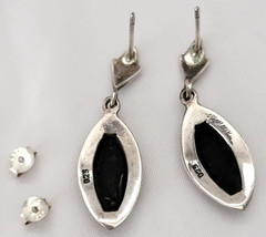 Vintage Black Onyx Marcasite 925 Sterling Silver Marquise Shape Dangle Earrings