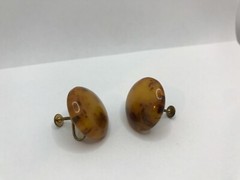 Vintage Butterscotch Bakelite Screw-Back Earrings Brown Marbling 1″ Round Domed