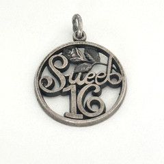 Vintage 925 Sterling Silver Sweet 16 Birthday Rose Flower Round Charm Pendant