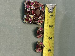 VTG JULIANA DeLIZZA ELSTER RED FUCHSIA RHINESTONE BROOCH EARRINGS SET PARURE