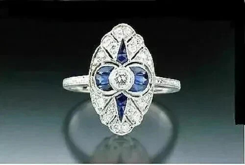 Vintage Art Deco Lab Created Sapphire Diamond Womens Engagement 14K Gold FN Ring