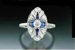 Vintage Art Deco Lab Created Sapphire Diamond Womens Engagement 14K Gold FN Ring