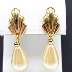 Art Deco Style Faux Pearl Teardrop Gold Tone Scallop Fan Classy Mermaid Earrings