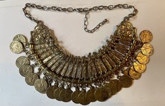 VTG ESTATE BOHO TRIBAL BIB STYLE HAMMERED BRASS COIN COLLAR NECKLACE BELLY DANCE