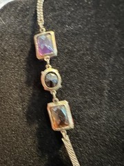 Vtg Silver Toned Herringbone Necklace Orange Burgundy Purple Rhinestones Korea