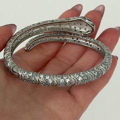 Snake Serpent Bracelet Clear CZ Green Eyed Silver Tone Sparkly Hinged Bangle