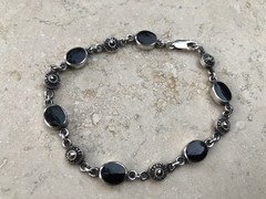 🫧✨Authentic VINTAGE 925 STERLING SILVER MARCASITE Black ONYX Station Bracelet🫧